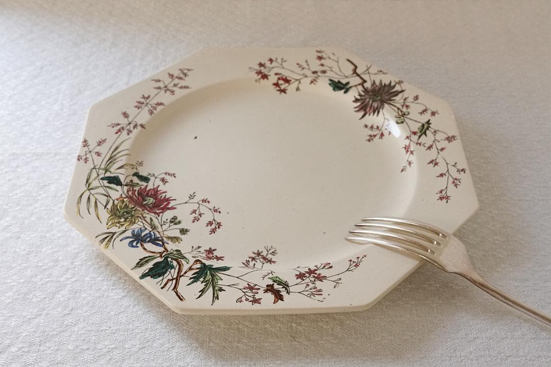 イギリスアンティーク　ボタニカル柄　オクトゴナル　プレート　21.7cm　A