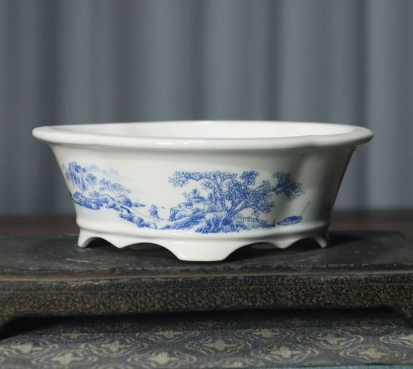 盆栽鉢 青花磁鉢 山野草鉢 多肉植物 植木鉢 小品大品盆栽鉢 陶器鉢置物 盆栽鉢 植木鉢 「平安泉山青花結晶楕円鉢」 山草鉢 清水焼 京焼 磁器 6