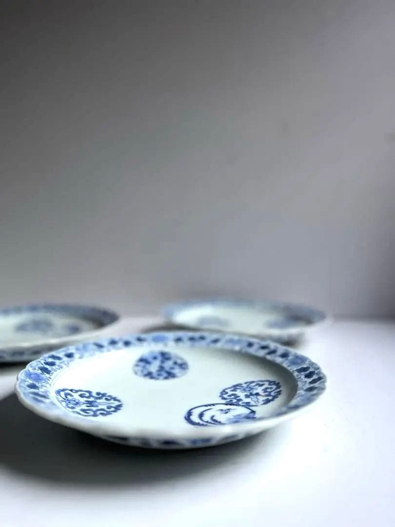 【ケイト様リクエスト】923 骨董 アンティーク 古伊万里 花唐草輪花皿 4点 古伊万里染付花唐草文膾皿｜古美術 桃凛