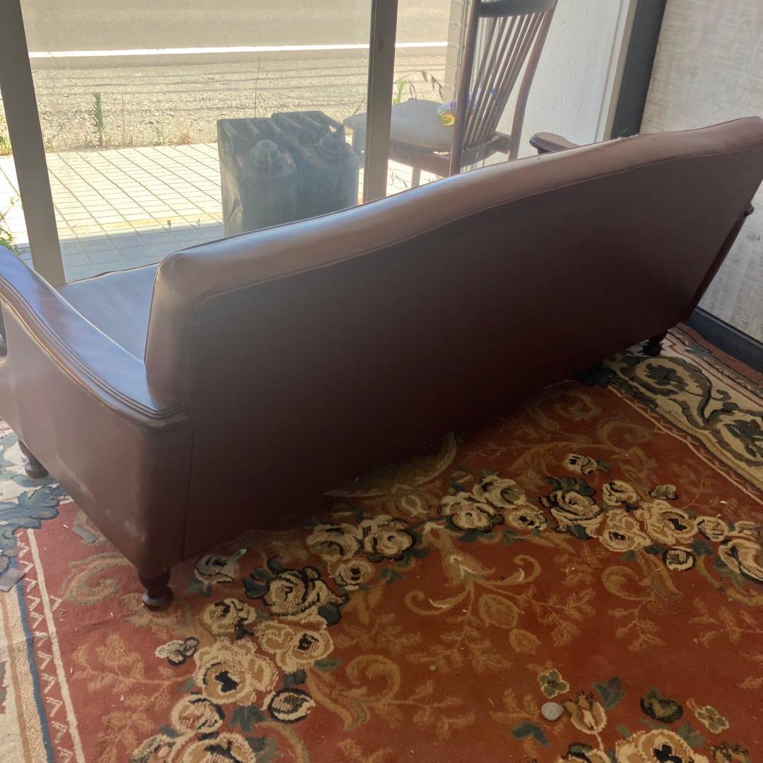 昭和レトロ オールドカリモク 古家具 三人掛けレザーソファー アーム