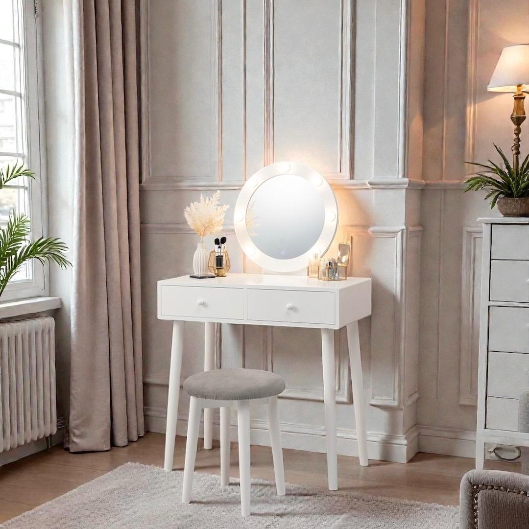フォロー割【新品】女優ライト付　ドレッサー＆スツールセット　LEDライト Amazon｜ドレッサー 鏡台 化粧台 コスメ台 LEDミラー LEDライト付 女優