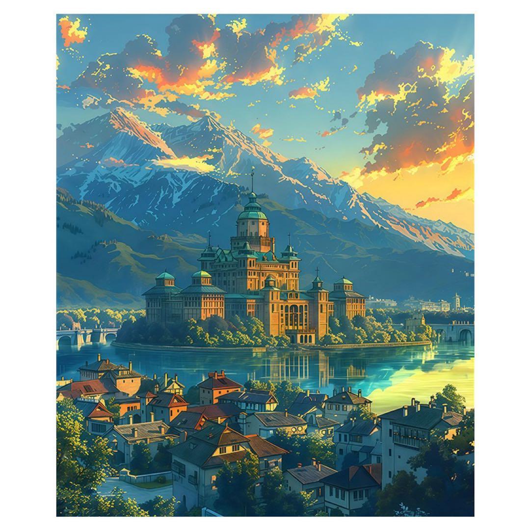 アニメ風風景画 - 幻想的な城と湖 幻想的な城のイラスト素材 [108201510] - PIXTA