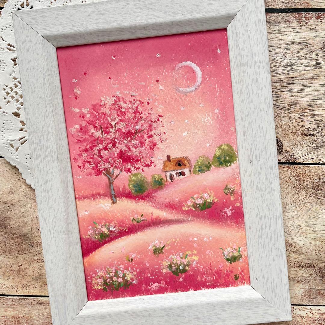 オイルパステル画　アクリル画　いちご色の風景No.2 風景画　ご予約品 クレヨン画の風景スケッチ（オイルパステルを持って） | 北野田絵画教室