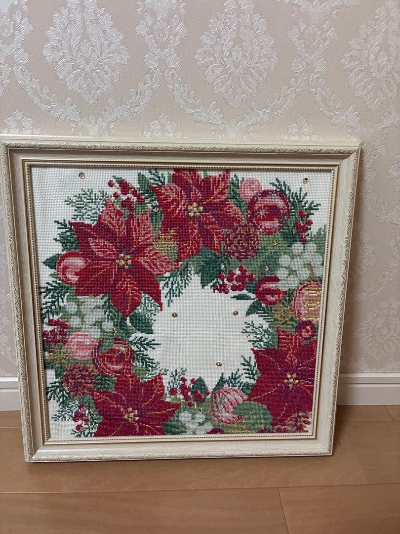 セールホビーラホビーレポインセチア刺繍クロスステッチ完成品 クロスステッチフレーム＜ポインセチアのアレンジ＞ | リバティ 生地