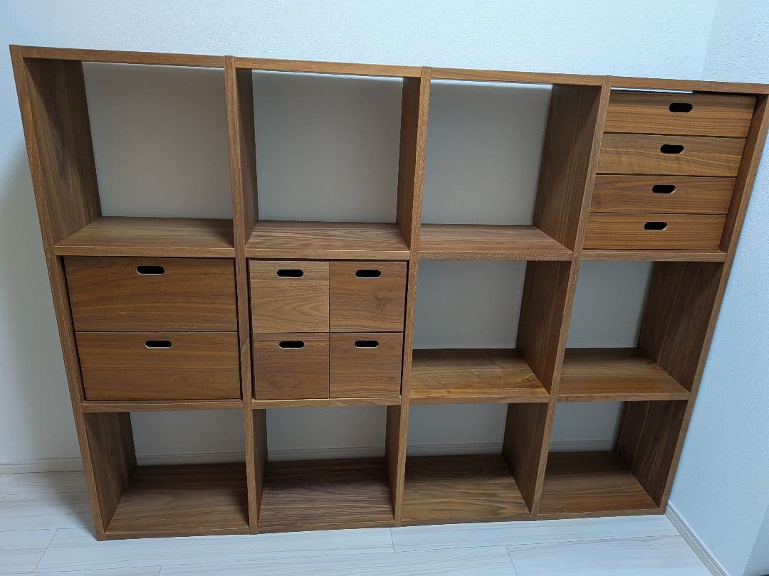 組立不要　無印良品スタッキングシェルフ3段×4列　引き出し3種付 スタッキングシェルフ・追加3段・ウォールナット材 | 無印良品