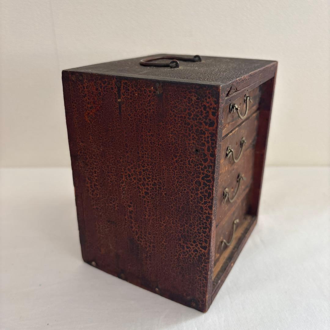 昭和レトロ 木製小引き出し 4段 持ち手付き 古道具 裁縫箱風