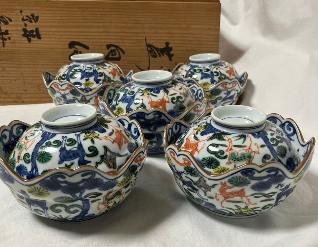 平安京泉　向付　５客　色絵　松鹿文　蓋向付 2302.jpg