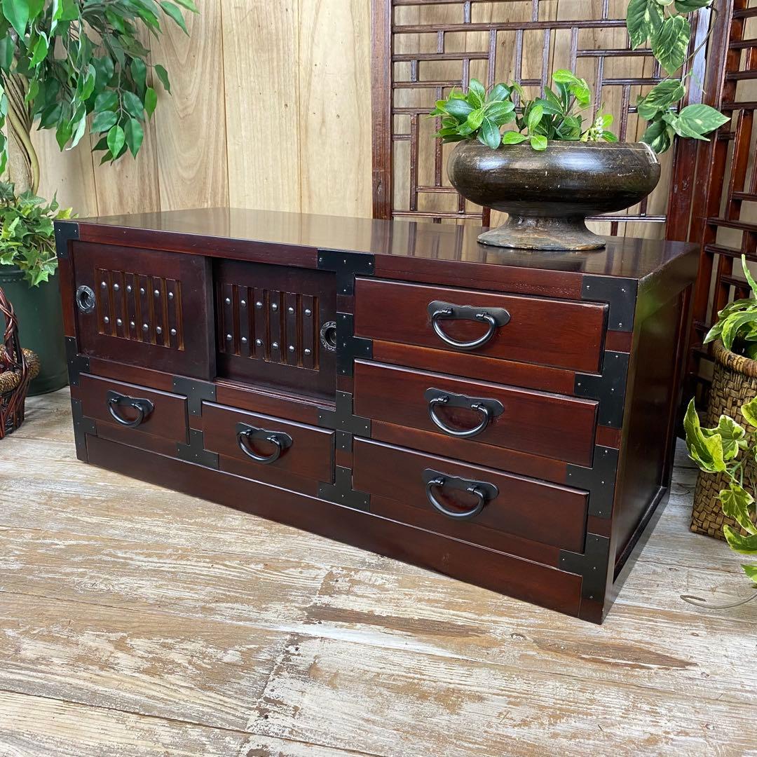 人気再入荷！民芸家具桐材天然無垢和引き戸付きチェスト横長テレビ台