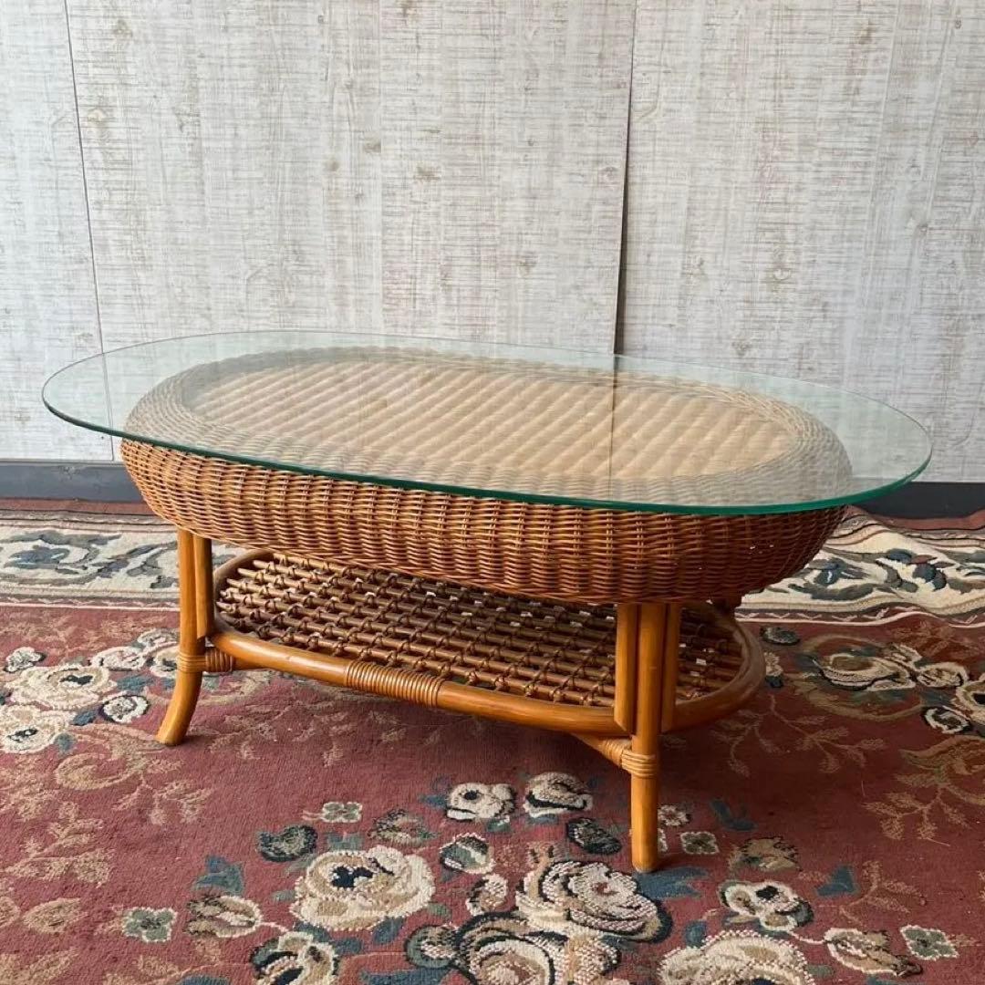 昭和レトロ ヴィンテージ 大型 ラタンオーバルテーブル センターテーブル 楕円形 引き出し付き楕円形ウッドセンターテーブル | 収納力と美しさを両立