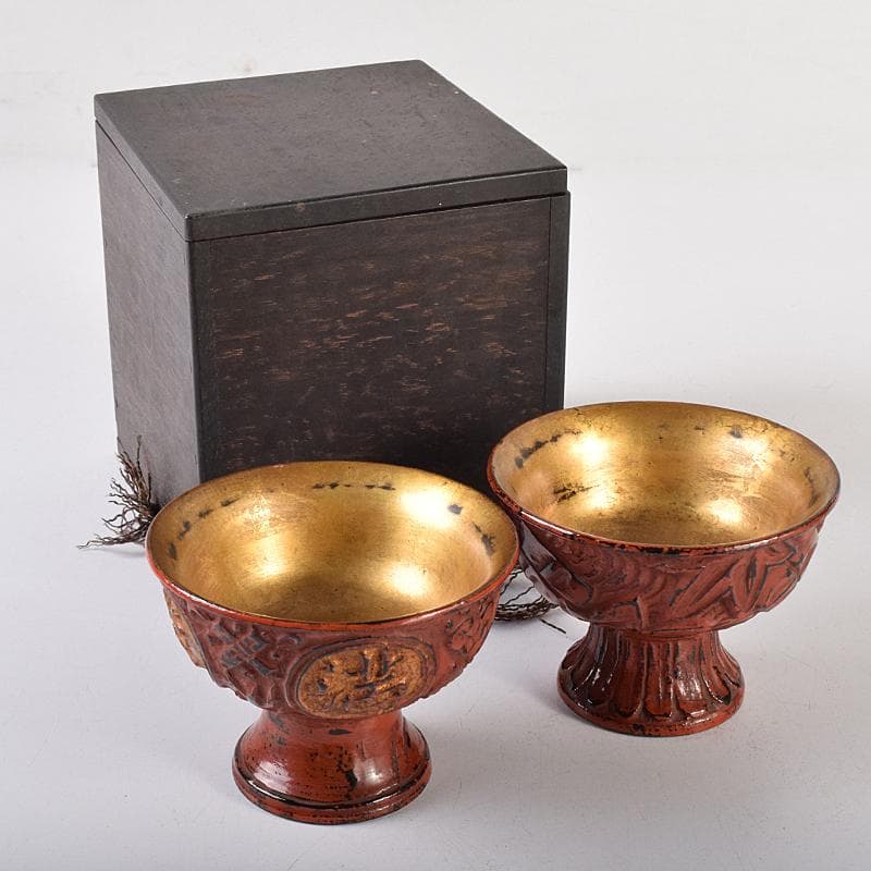 根来塗　朱塗　金彩　紅葉刻　漢詩刻　杯　一對　時代箱付　F　R8032 根来 – 逢季荘