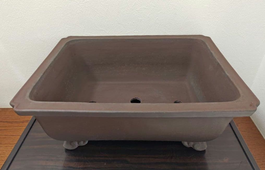 陶器製長方形盆栽鉢 ブラウン 約47cm×36cm×19.5cm　落款　太山