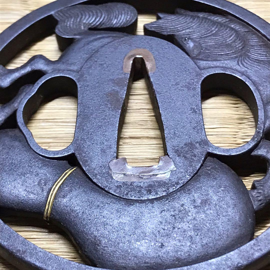 ☆時代 /刀剣小道具！『因州住 駿河作』鉄地 瓢箪に馬 透かし 金