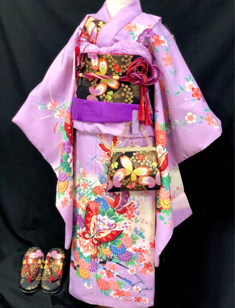 七五三　7歳　女の子　藤色　薄紫　四つ身　着物　作り帯　セット　753 七歳 京都瑠璃雛菊 七五三 着物 7歳 フルセット 購入 販売 ダリヤ 四つ身