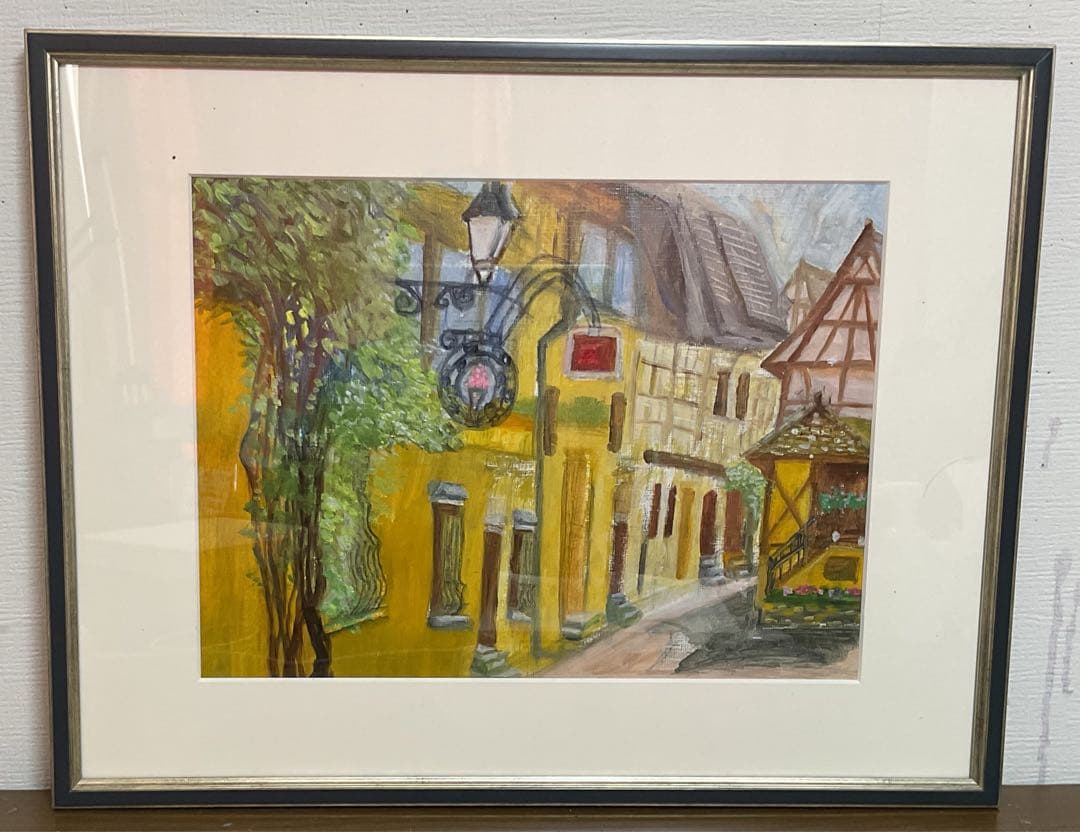 油彩画　「　フランスの街並み　」　額付 絵画 フランス 風景画(街並み) パリのカフェ インテリアアート額付き