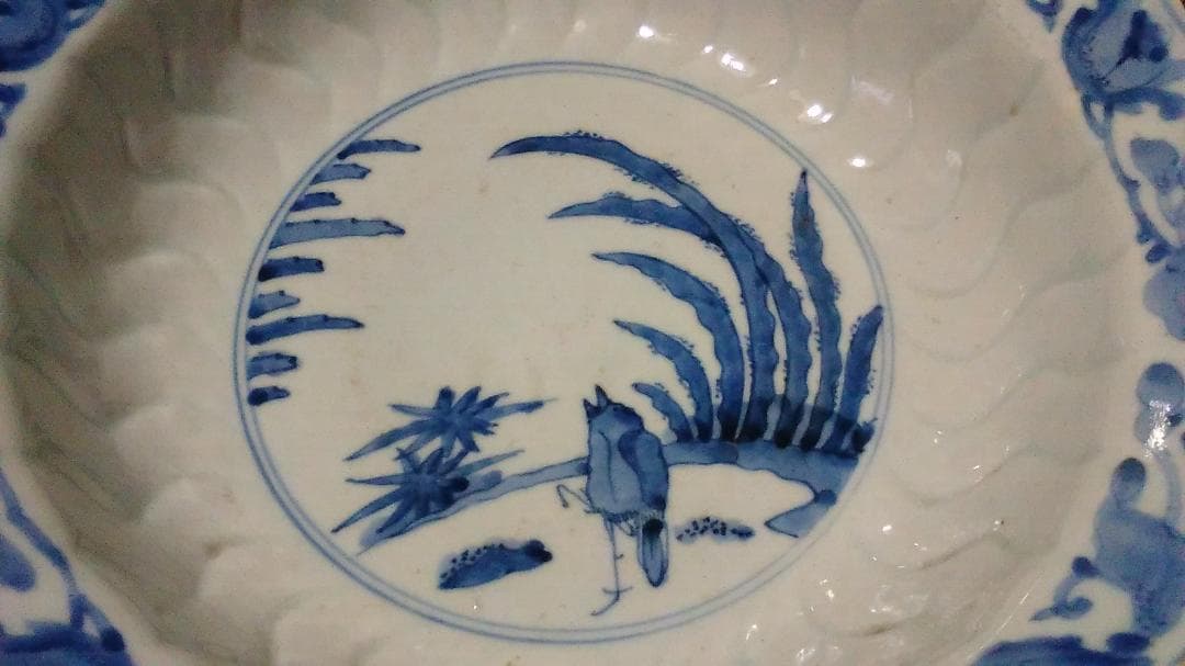 古伊万里　鳥絵　大平・大鉢　無傷・時代箱入 江戸時代 無傷 極上 鳳凰山水文染付古伊万里大鉢28cm 献上手古伊万里深