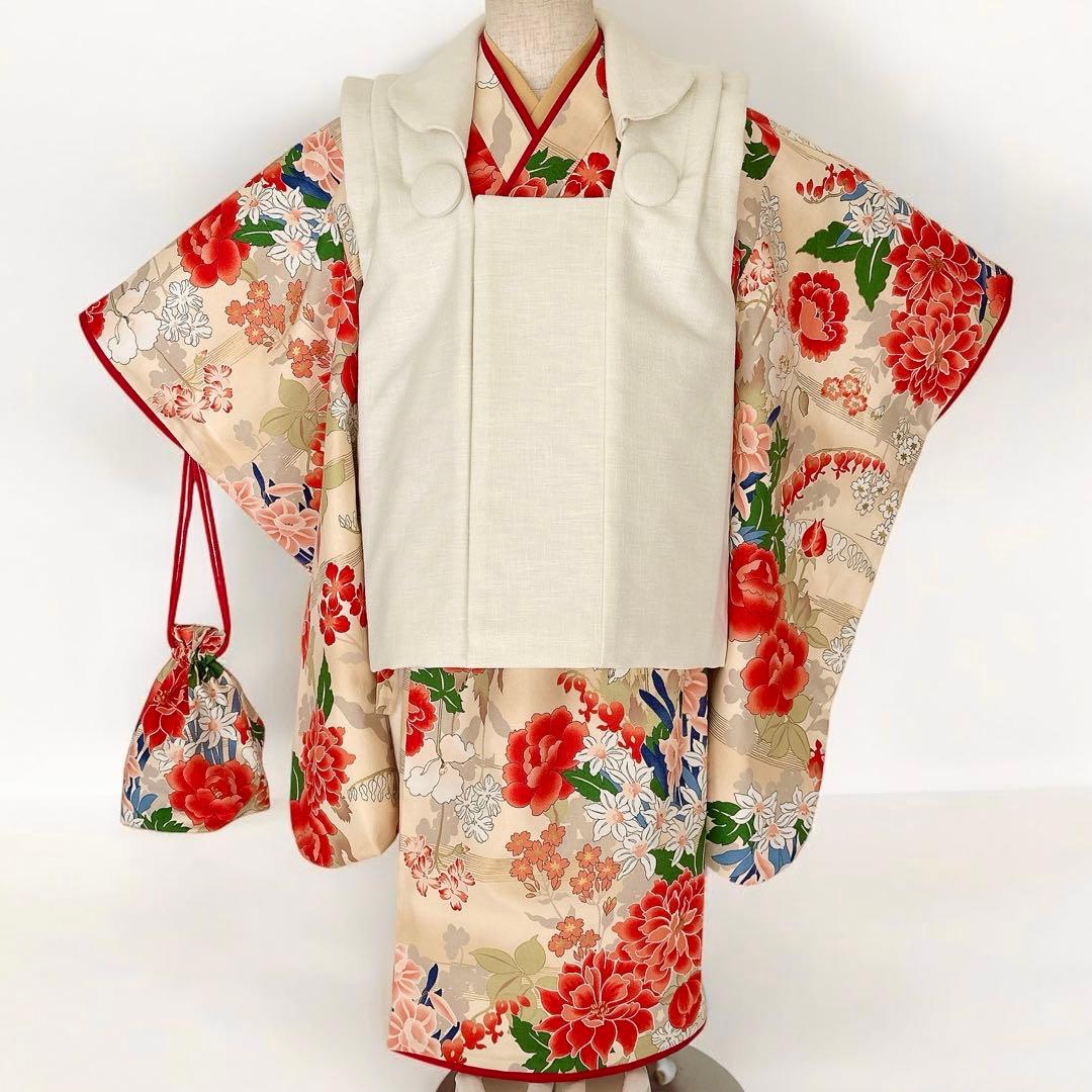 やな★［ぼたん］被布コート3点セット ꕤハンドメイドꕤ七五三 3歳 女の子 七五三 着物 3歳 購入 フルセット レトロ ブランド 被布セット 式部