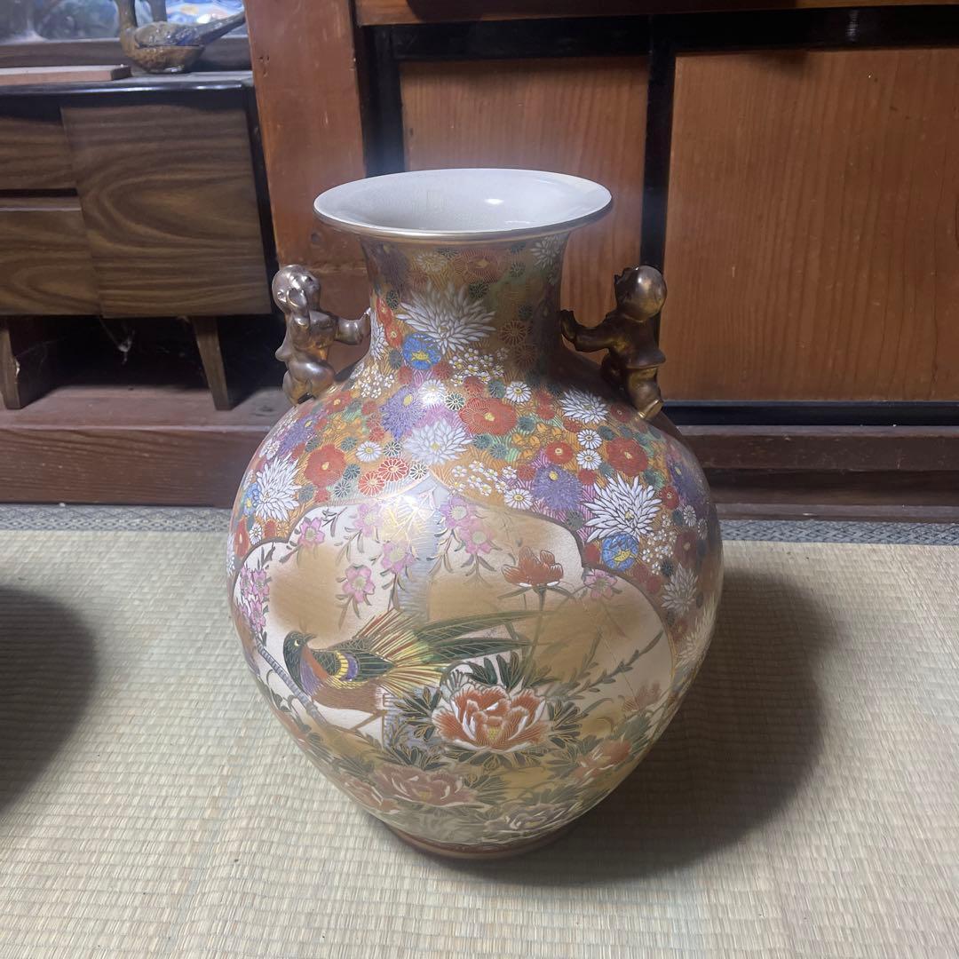 花柄陶器花瓶　九谷　大型 九谷焼 【故物】花瓶 陶器 特大台付花瓶（24号高さ74cm)）本金割取 七