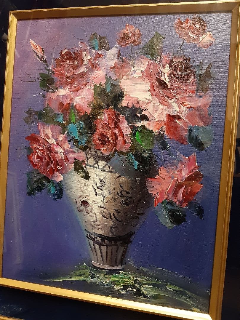 バラ 薔薇 花束 油彩画 金色フレーム 油絵 作者不明 花瓶 - メルカリ