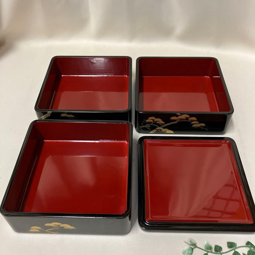 新品 会津塗り 木製漆器 三段重箱 松 蒔絵 おせち お正月 黒内朱 六寸