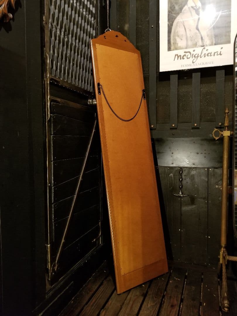 1970's 透かし彫り 細工 葡萄 蔦柄 ブナ桜 無垢 ロング ウォールミラー