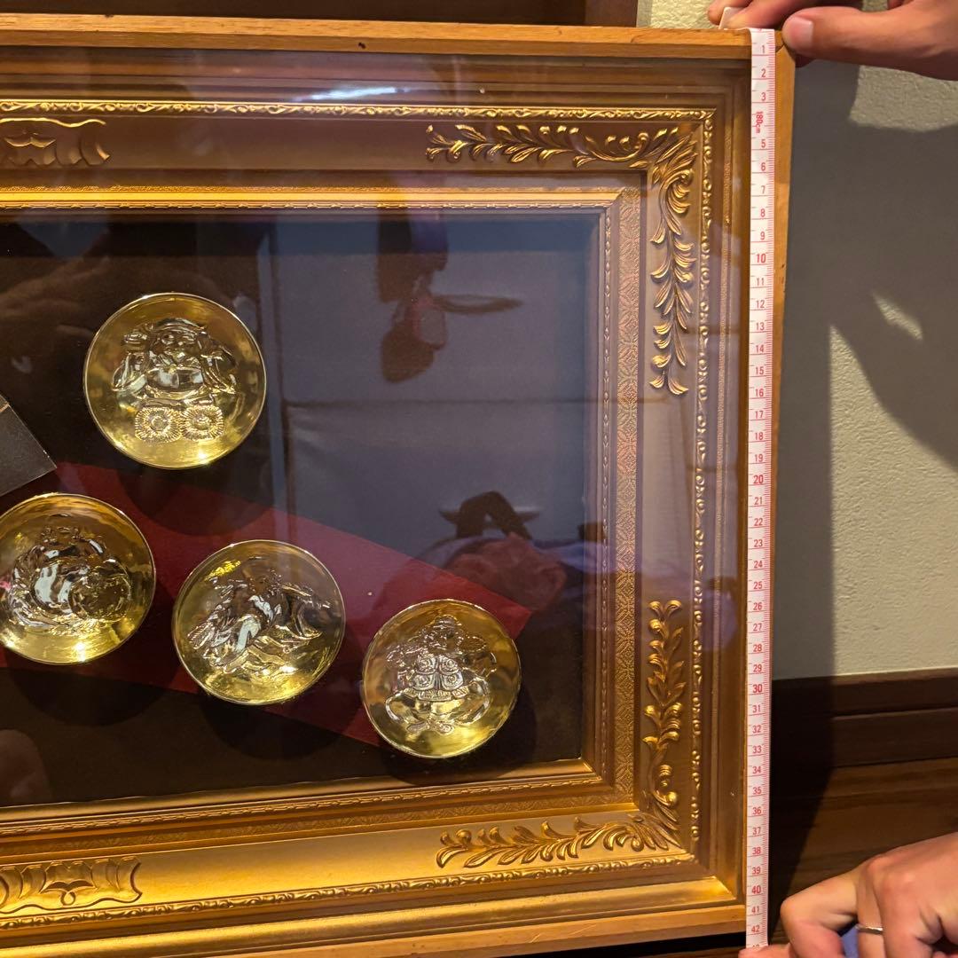 昭和レトロ 額装 額縁 七福神 扇金 金杯24KGP 壁掛け飾り 金運 幸運 鶴