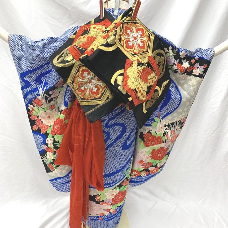 406ag60着物のみ□七五三 七歳 女児 着物&袋帯&長襦袢 総絞り風 青