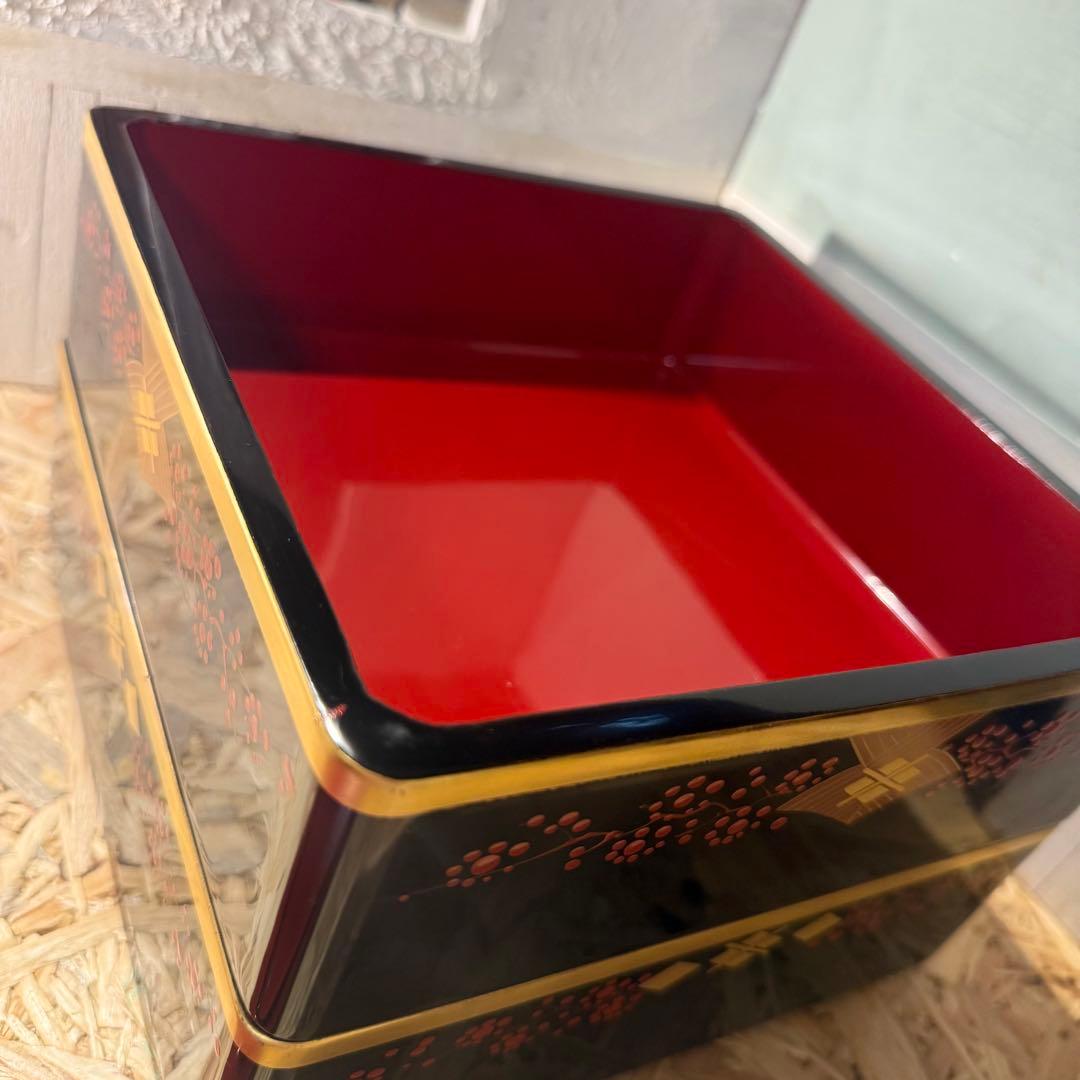 ヴィンテージ♡秀衡塗 2段重箱 黒×金×朱の華やかデザイン お正月