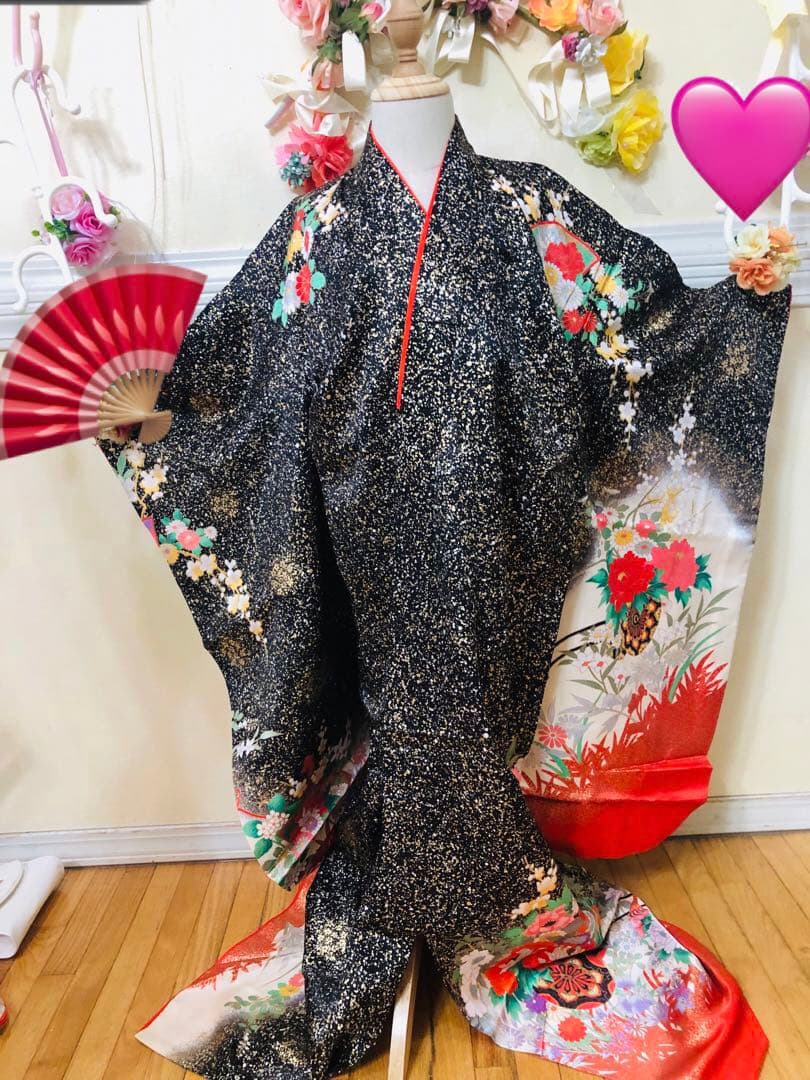 豪華7歳完全フルセット‼️豪華黒地ラメキッラキラ⭐︎花車扇金彩刺繍煌