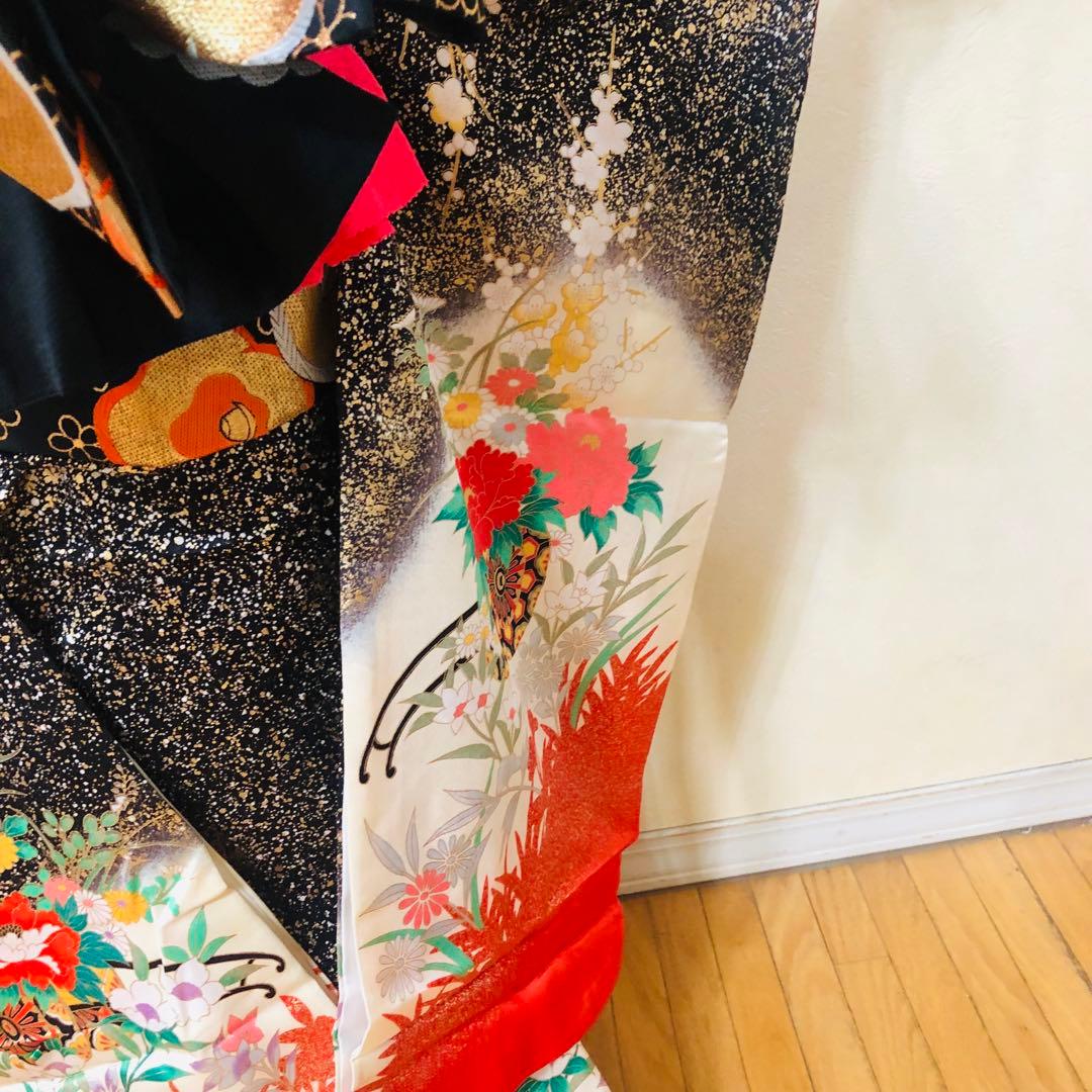 豪華7歳完全フルセット‼️豪華黒地ラメキッラキラ⭐︎花車扇金彩刺繍煌