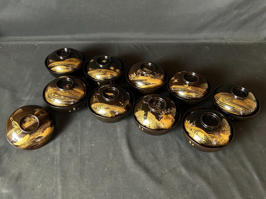 時代 輪島塗 本金蒔絵 絵替り 黒塗 天然木 吸物椀 9客 茶懐石道具980