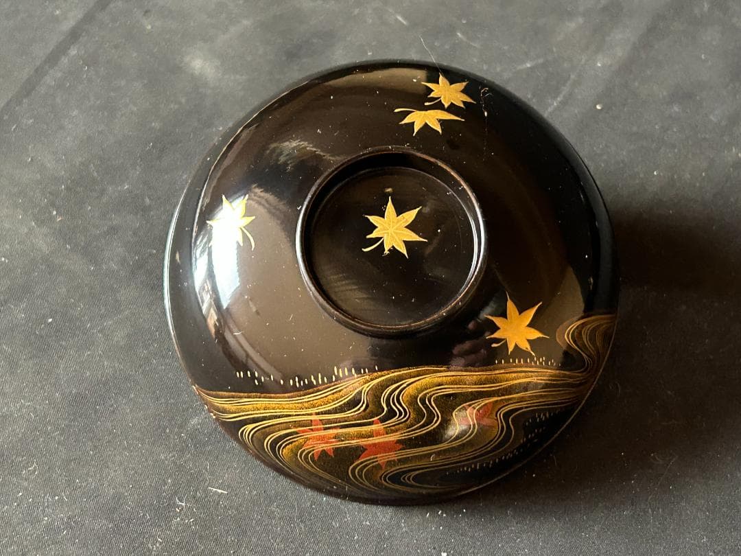 時代 輪島塗 本金蒔絵 絵替り 黒塗 天然木 吸物椀 9客 茶懐石道具980