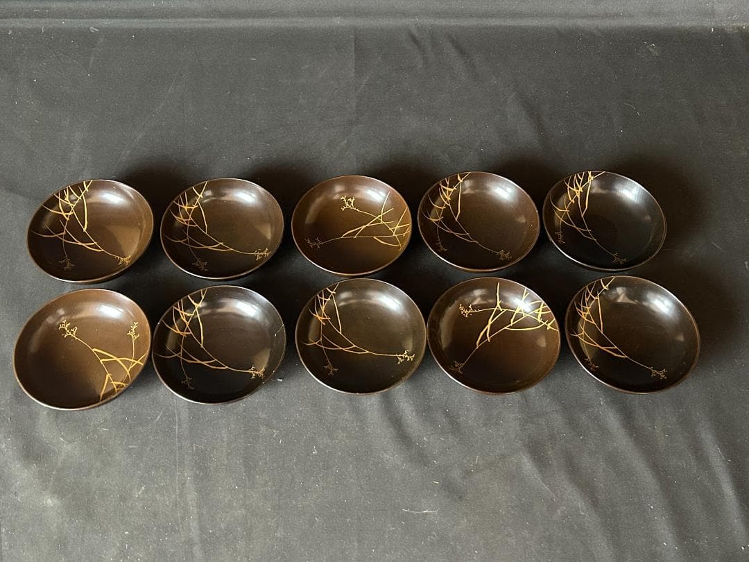 時代 輪島塗 本金蒔絵 絵替り 黒塗 天然木 吸物椀 9客 茶懐石道具980