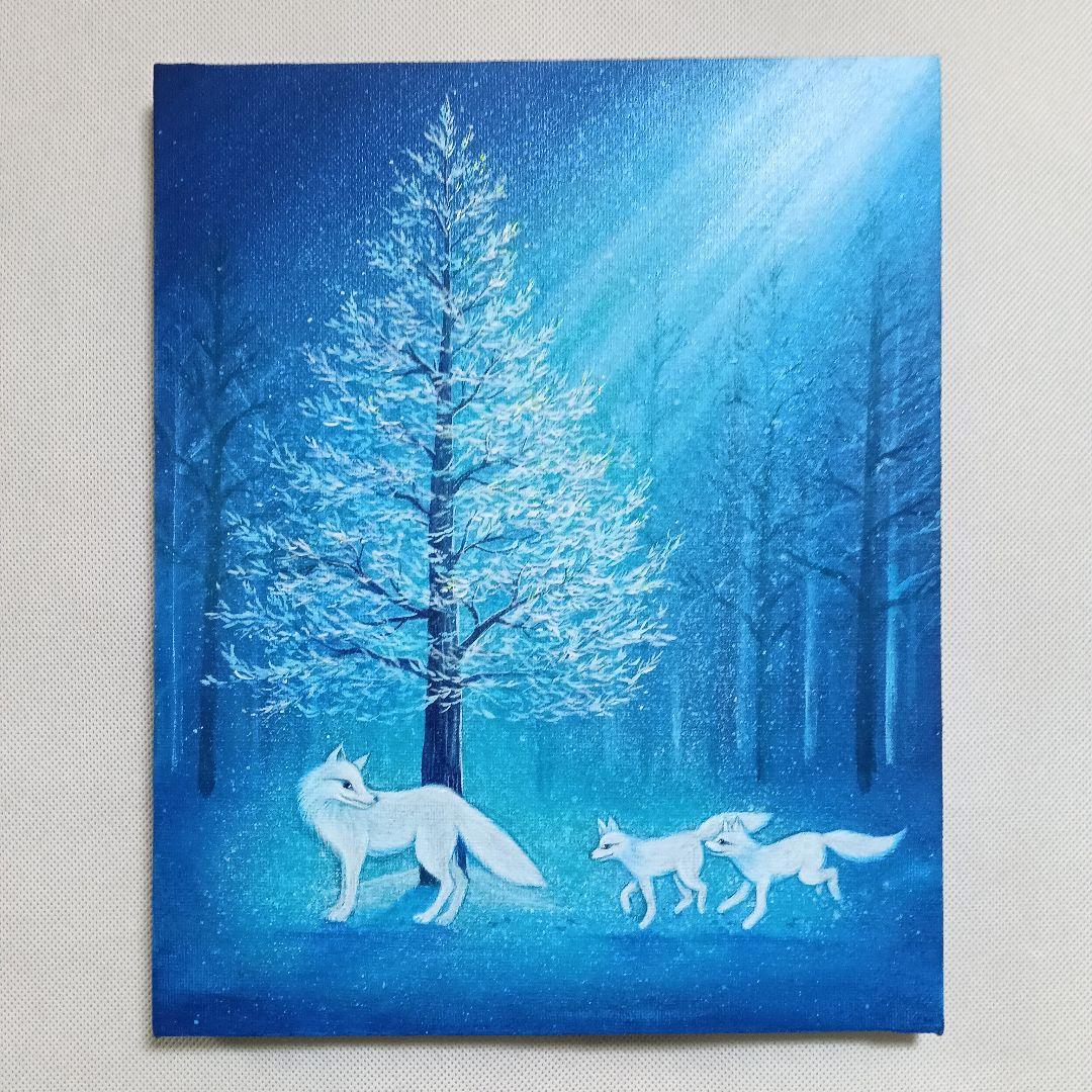 No.537 F3 アクリル画 原画 狐の親子 白狐 青い絵 青い森 ツリー