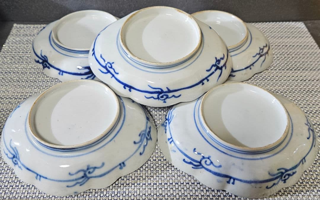 江戸末期～明治初期　古伊万里　錦手　金彩色絵　梅に鶯図　舟形皿5客 17.1cm