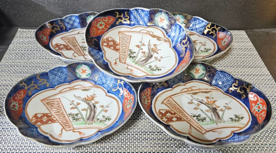 江戸末期～明治初期　古伊万里　錦手　金彩色絵　梅に鶯図　舟形皿5客 17.1cm