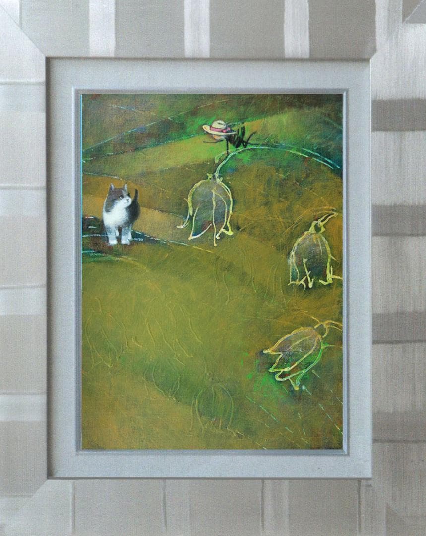 絵画額付 ( 白 ) 油絵F4-030119 子猫（子犬）と女の子