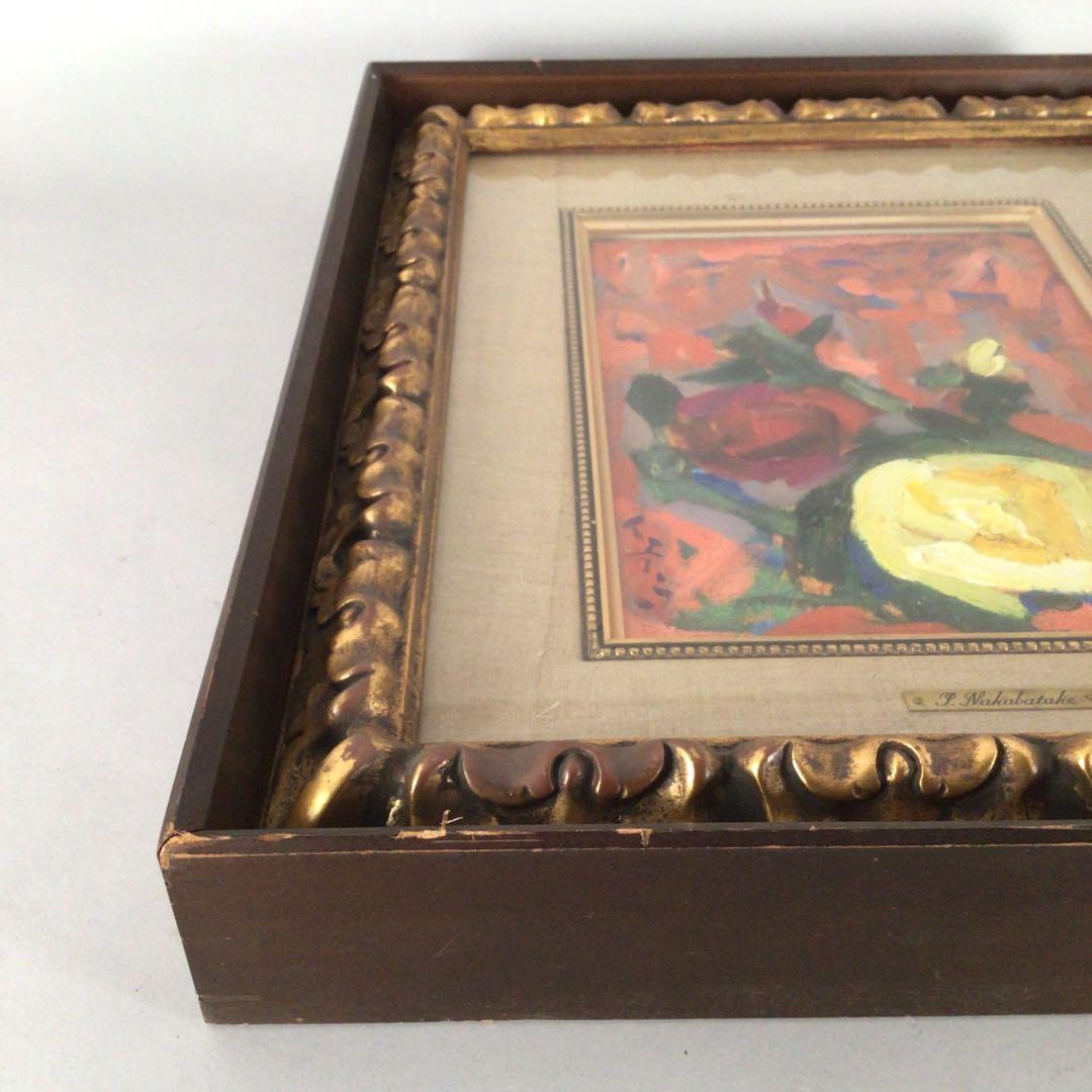 No3474 額装中畠一宇油彩画「バラ」5号直筆サイン裏書有送料無料