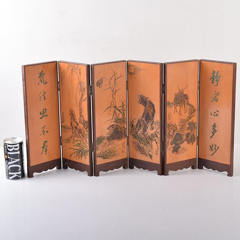 中国　彩色木彫　漢詩鹿虎獅子馬刻　屏風　衝立　D　R8122 茶道具 色紙（しきし）・色紙掛（しきしかけ） 寅画 「虎嘯風生