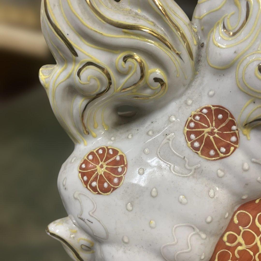 玉乗り獅子 ホワイトベース 刀を咥えた獅子 昭和アンティーク 骨董