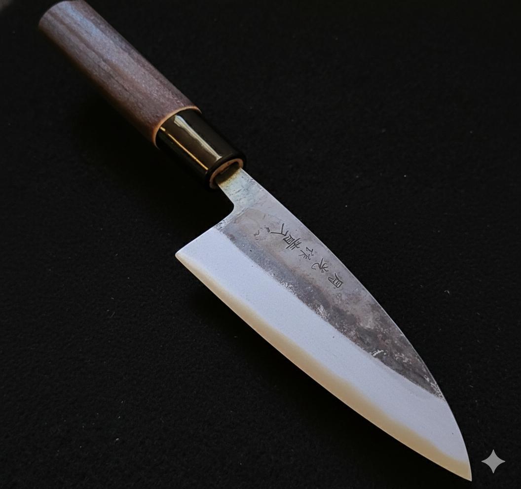 青紙2号 黒打 小三徳包丁（アジ切） 120㎜ G1451 焼柄 日本製 月光作