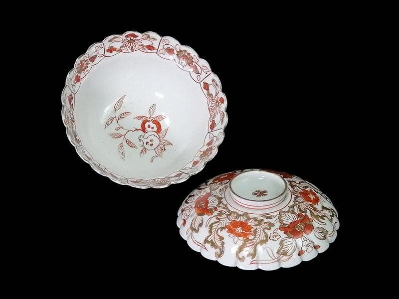 古伊万里 金襴手 輪花 花に柘榴の図 蓋付き深鉢 菓子鉢 E866AS-COk