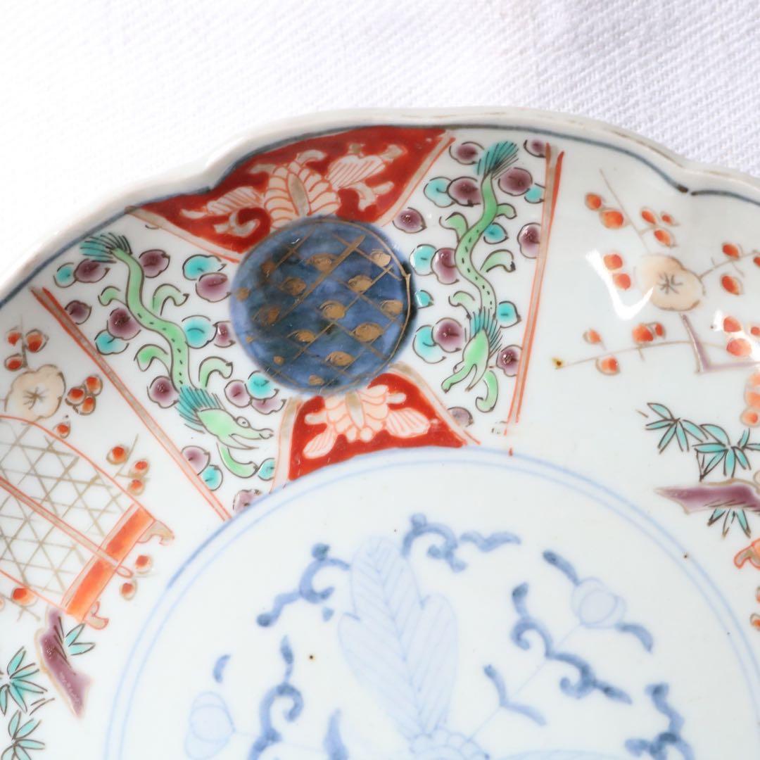 時代色絵伊万里 さわやかな赤絵に梅と鶯鳥籠図七寸皿プレート2枚 骨董