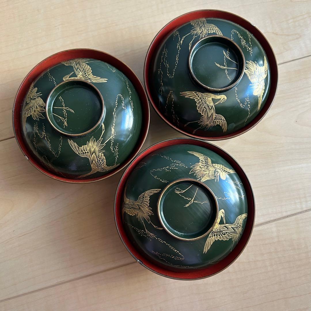 木製輪島塗 漆器 沈金花絵 蒔絵 懐石道具 塗椀 3客 幕末〜明治 古