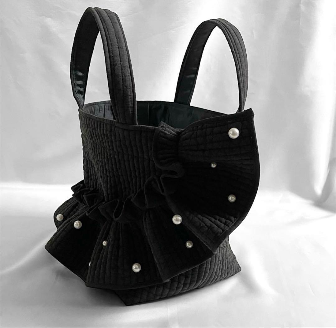 新作♡ヌビバッグ フリルギャザー ブラック パール 底板マグネット付き