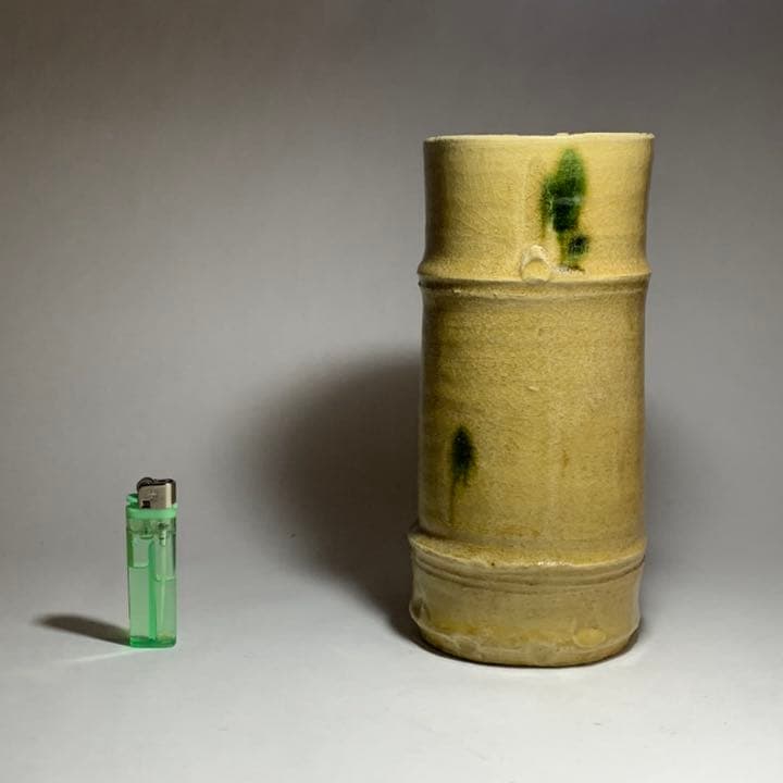 ◇ 五代 加藤幸兵衛 本人作 黄瀬竹形花瓶 黄瀬戸 四方桟共箱 本物保証