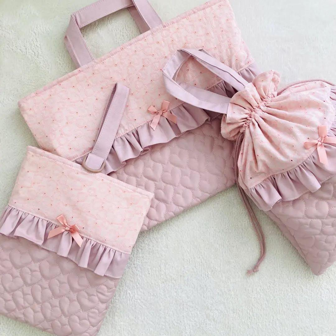 【ハンドメイド】入園入学グッズ(ハートレース×フリル×ハートキルティング) 入園入学 女の子 レッスンバック 通園カバン 通学カバン ハートキルト