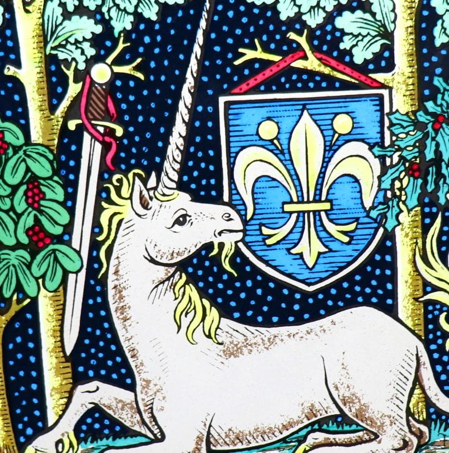 ユニコーンと百合の紋章(エンブレム) ヴィンテージ ステンドグラス 中世