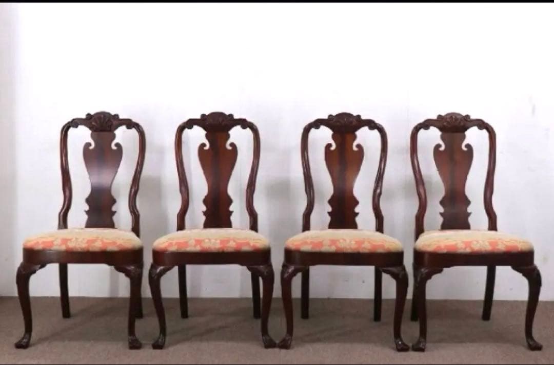 【送料無料地域限定］西洋カンセル社クイーンア様式ダイニング猫脚チェア２脚セット クラシック猫脚ダイニングチェアー/クィーンアンアンティーク椅子