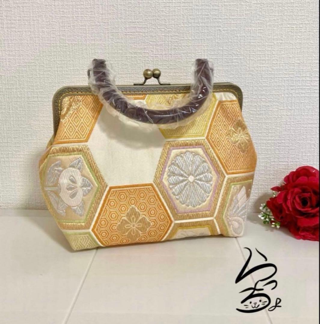 帯リメイク 亀甲に桐菊橘 持ち手付きがま口バッグ - メルカリ