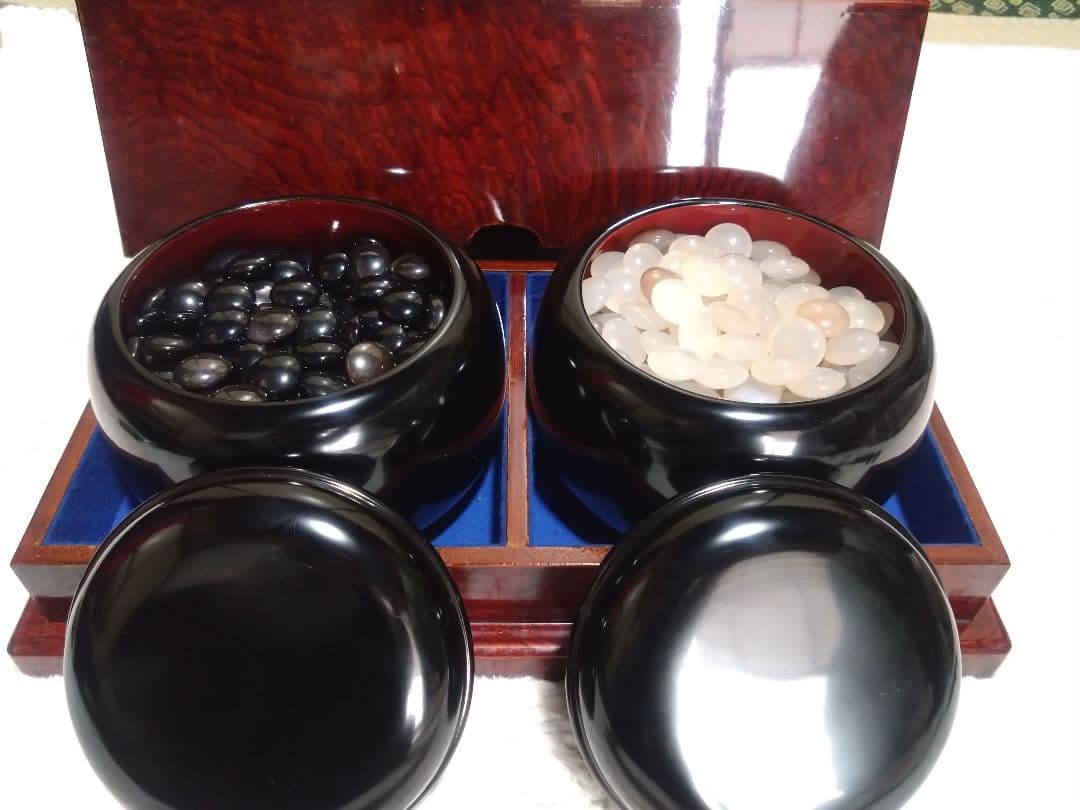 【希少極上】高級瑪瑙　碁石　未使用品/特注漆塗り碁笥/欅碁笥ケース付 囲碁 木製碁笥 欅 特大 桐製碁笥箱付き ※蛤碁石36号まで収納可能
